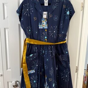 Disney Parks Navy Midi Dress with Gold Sash – 50th Anniversary Print